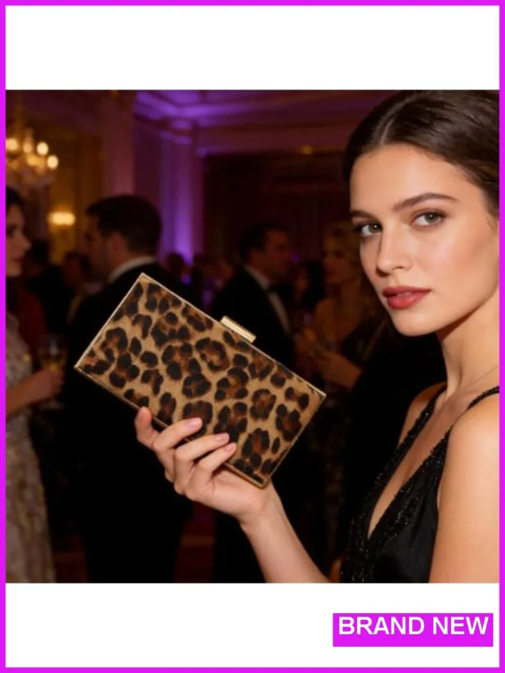 Leopard Faux Leather Clutch Purse with Chain Evening Bag Shoulder Crossbody